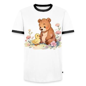 Kawaii-Blumen, niedlicher Babybär und Entlein 🐻🐥 - Männer Kontrast-T-Shirt - Weiß/Schwarz - Vorne - AI Model Female 172 light (172cm) & AI Model Male 178 dark (178cm)