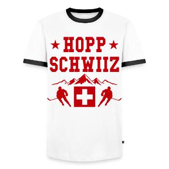 Hopp Schwiiz Eishockey Fan Schweiz Stolz - Männer Kontrast-T-Shirt - Weiß/Schwarz - Vorne - AI Model Female 172 light (172cm) & AI Model Male 178 dark (178cm)