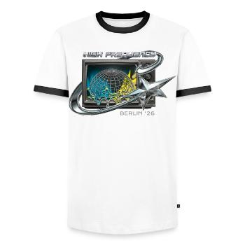 High Frequency Berlin 26 Retro Tech - Men's Ringer Shirt - white/black - Front - AI Model Female 172 light (172cm) & AI Model Male 178 dark (178cm)
