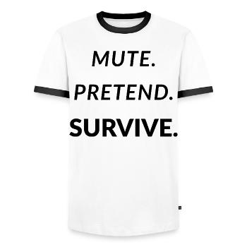Mute. Pretend. Survive. - Funny Remote Work - Men's Ringer Shirt - white/black - Front - AI Model Female 172 light (172cm) & AI Model Male 178 dark (178cm)