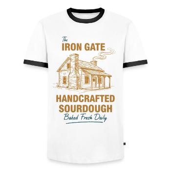 sourdough Bread Baking Iron Gate Handcrafted - Men's Ringer Shirt - white/black - Front - AI Model Female 172 light (172cm) & AI Model Male 178 dark (178cm)