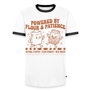 Sauerteigbrot-Backer angetrieben von Mehl - Männer Kontrast-T-Shirt - Weiß/Schwarz - Vorne - AI Model Female 172 light (172cm) & AI Model Male 178 dark (178cm)
