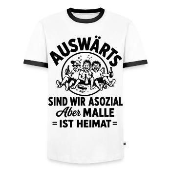 Malle 2026 Auswärts sind wir asozial, aber Malle - Männer Kontrast-T-Shirt - Weiß/Schwarz - Vorne - AI Model Female 172 light (172cm) & AI Model Male 178 dark (178cm)