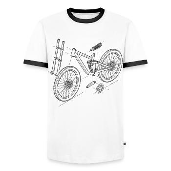 DH-Bike Exploded Drawing: MTB Technique Sketch - Men's Ringer Shirt - white/black - Front - AI Model Female 172 light (172cm) & AI Model Male 178 dark (178cm)