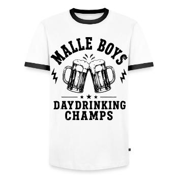 Malle 2026 Malle Boys Daydrinking Champs 2026 - Men's Ringer Shirt - white/black - Front - AI Model Female 172 light (172cm) & AI Model Male 178 dark (178cm)