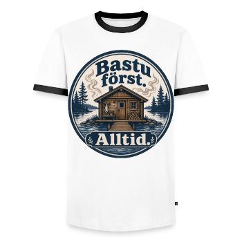 Sauna First Always Swedish Humor - Men's Ringer Shirt - white/black - Front - AI Model Female 172 light (172cm) & AI Model Male 178 dark (178cm)