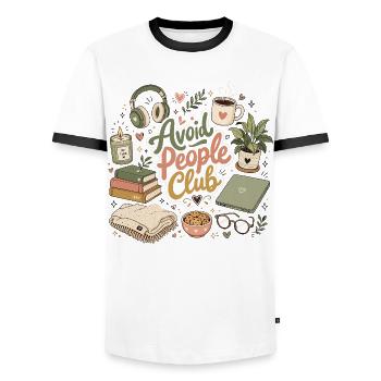 Introverted humor: Calm instead of people - Men's Ringer Shirt - white/black - Front - AI Model Female 172 light (172cm) & AI Model Male 178 dark (178cm)