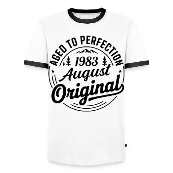 August 1983 – Legend of the Peaks and Mountains - Men's Ringer Shirt - white/black - Front - AI Model Female 172 light (172cm) & AI Model Male 178 dark (178cm)