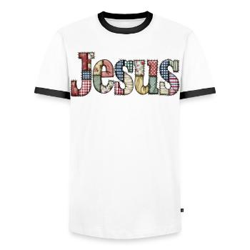 Patchwork Jesus Lettering - Men's Ringer Shirt - white/black - Front - AI Model Female 172 light (172cm) & AI Model Male 178 dark (178cm)