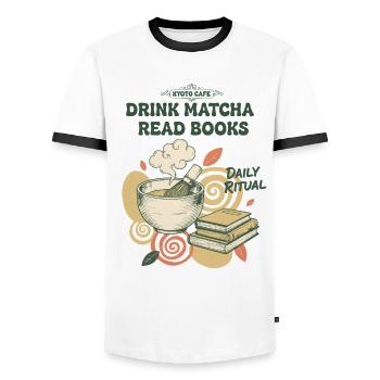 Matcha trinken, Bücher lesen, tägliches Ritual, Kyoto, Matcha. - Männer Kontrast-T-Shirt - Weiß/Schwarz - Vorne - AI Model Female 172 light (172cm) & AI Model Male 178 dark (178cm)