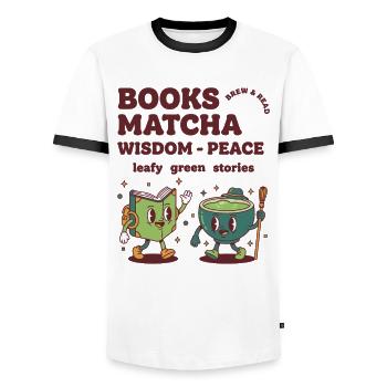 Books Matcha Wisdom Peace Leafy Green Stories - Men's Ringer Shirt - white/black - Front - AI Model Female 172 light (172cm) & AI Model Male 178 dark (178cm)