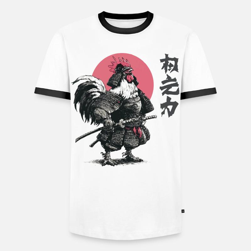 Rooster Samurai Armor Print - Men's Ringer Shirt - white/black