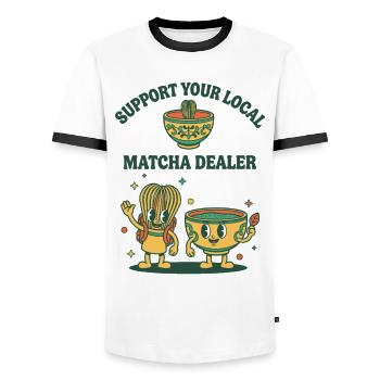Unterstützen Sie Ihren lokalen Matcha-Händler mit lustigen Matcha-Tee - Männer Kontrast-T-Shirt - Weiß/Schwarz - Vorne - AI Model Female 172 light (172cm) & AI Model Male 178 dark (178cm)