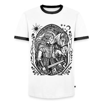 Night Forest Silhouette: Fantasy Guardian - Men's Ringer Shirt - white/black - Front - AI Model Female 172 light (172cm) & AI Model Male 178 dark (178cm)