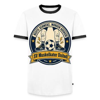 SV Muskelkater United - Männer Kontrast-T-Shirt - Weiß/Schwarz - Vorne - AI Model Female 172 light (172cm) & AI Model Male 178 dark (178cm)