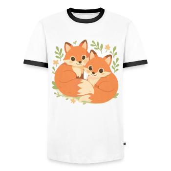 Zwei süße Füchse eingekuschelt im Wald - Männer Kontrast-T-Shirt - Weiß/Schwarz - Vorne - AI Model Female 172 light (172cm) & AI Model Male 178 dark (178cm)