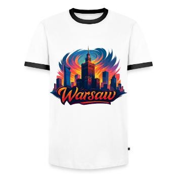 Warsaw Skyline Art – Colorful &amp; Modern - Men's Ringer Shirt - white/black - Front - AI Model Female 172 light (172cm) & AI Model Male 178 dark (178cm)