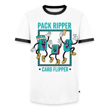 Pack Ripper Card Flipper Trading Card Collector - Men's Ringer Shirt - white/black - Front - AI Model Female 172 light (172cm) & AI Model Male 178 dark (178cm)
