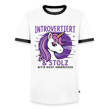 Introvertiert & stolz – Einhorn Humor - Männer Kontrast-T-Shirt - Weiß/Schwarz - Vorne - AI Model Female 172 light (172cm) & AI Model Male 178 dark (178cm)