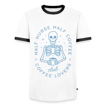 Halb Krankenschwester, halb Kaffee, lustiges Pflegeleben - Männer Kontrast-T-Shirt - Weiß/Schwarz - Vorne - AI Model Female 172 light (172cm) & AI Model Male 178 dark (178cm)