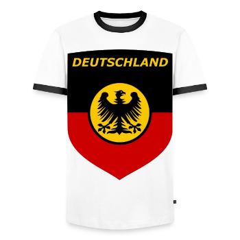Deutschland Schildflagge mit Adler - Männer Kontrast-T-Shirt - Weiß/Schwarz - Vorne - AI Model Female 172 light (172cm) & AI Model Male 178 dark (178cm)