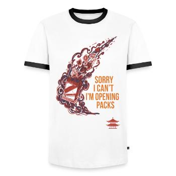 Sorry I Cant Im Opening Packs Trading Card Booster - Men's Ringer Shirt - white/black - Front - AI Model Female 172 light (172cm) & AI Model Male 178 dark (178cm)