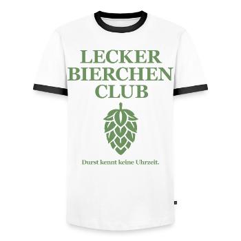 Lecker Bierchen Club - Durst kennt keine Uhrzeit - Männer Kontrast-T-Shirt - Weiß/Schwarz - Vorne - AI Model Female 172 light (172cm) & AI Model Male 178 dark (178cm)