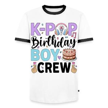 K-Pop Birthday Boy Crew - Men's Ringer Shirt - white/black - Front - AI Model Female 172 light (172cm) & AI Model Male 178 dark (178cm)