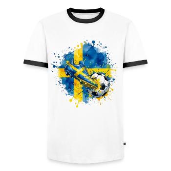 Football - Team Sweden - Men's Ringer Shirt - white/black - Front - AI Model Female 172 light (172cm) & AI Model Male 178 dark (178cm)