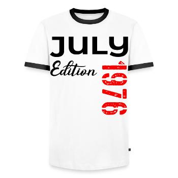 50e anniversaire juillet 1976 - T-shirt contrasté Homme - blanc/noir - Devant - AI Model Female 172 light (172cm) & AI Model Male 178 dark (178cm)