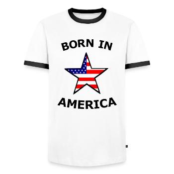 Star with US flag motif - Men's Ringer Shirt - white/black - Front - AI Model Female 172 light (172cm) & AI Model Male 178 dark (178cm)
