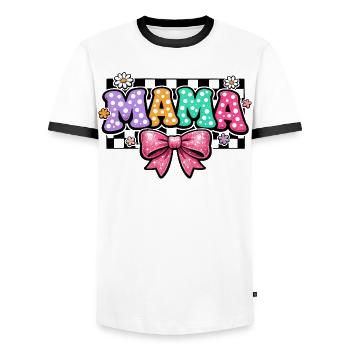 Mama Groovy Polka Dot and Pink Bow | Mom Gift - Men's Ringer Shirt - white/black - Front - AI Model Female 172 light (172cm) & AI Model Male 178 dark (178cm)