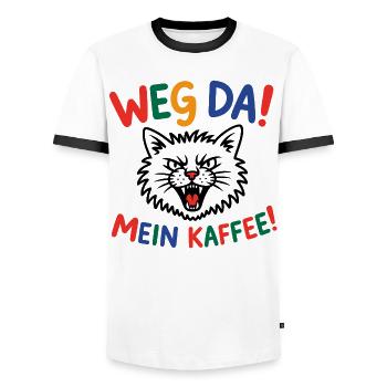 Weg da! Mein Kaffee Katzenpower - Männer Kontrast-T-Shirt - Weiß/Schwarz - Vorne - AI Model Female 172 light (172cm) & AI Model Male 178 dark (178cm)
