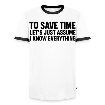 Suppose que je sais tout, c’est drôle en disant design - T-shirt contrasté Homme - blanc/noir - Devant - AI Model Female 172 light (172cm) & AI Model Male 178 dark (178cm)