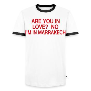 In Love No I'm In Marrakech | Humour Voyage - T-shirt contrasté Homme - blanc/noir - Devant - AI Model Female 172 light (172cm) & AI Model Male 178 dark (178cm)