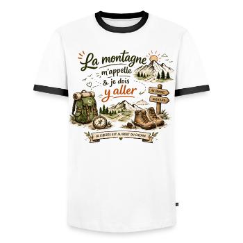 Aventure Montagne Liberté et Randonnée - T-shirt contrasté Homme - blanc/noir - Devant - AI Model Female 172 light (172cm) & AI Model Male 178 dark (178cm)