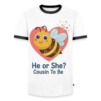 Gender Reveal He Or She Cousin To Be Baby Shower - Men's Ringer Shirt - white/black - Front - AI Model Female 172 light (172cm) & AI Model Male 178 dark (178cm)