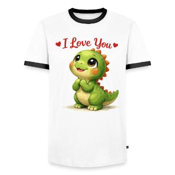 Un dino mignon regarde Maman : I Love You Design - T-shirt contrasté Homme - blanc/noir - Devant - AI Model Female 172 light (172cm) & AI Model Male 178 dark (178cm)
