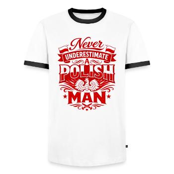 Ne jamais sous-estimer un Polonais – Polen Spruch - T-shirt contrasté Homme - blanc/noir - Devant - AI Model Female 172 light (172cm) & AI Model Male 178 dark (178cm)