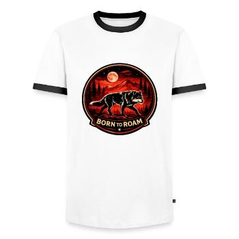 Born To Roam Wolf Wilderness Adventure Emblem - Men's Ringer Shirt - white/black - Front - AI Model Female 172 light (172cm) & AI Model Male 178 dark (178cm)