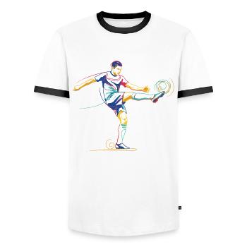 Soccer Game Field Tournament Player Graphic - Men's Ringer Shirt - white/black - Front - AI Model Female 172 light (172cm) & AI Model Male 178 dark (178cm)