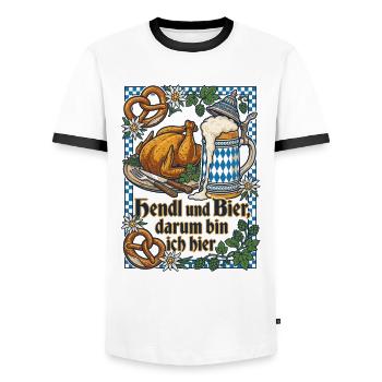 Bayern Bierzelt | Hendl & Bier darum bin ich hier - Männer Kontrast-T-Shirt - Weiß/Schwarz - Vorne - AI Model Female 172 light (172cm) & AI Model Male 178 dark (178cm)