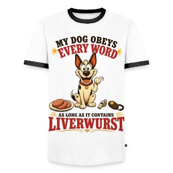 My Dog Obeys Every Word With Liverwurst - Männer Kontrast-T-Shirt - Weiß/Schwarz - Vorne - AI Model Female 172 light (172cm) & AI Model Male 178 dark (178cm)