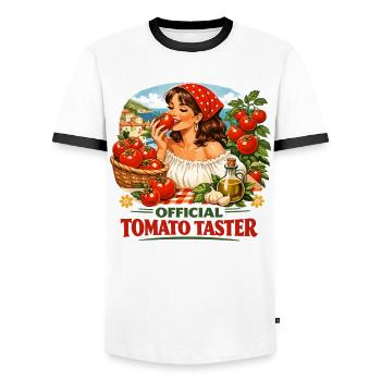 Official Tomato Taster - Tomato Girl Vintage - Men's Ringer Shirt - white/black - Front - AI Model Female 172 light (172cm) & AI Model Male 178 dark (178cm)