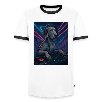 Weimaraner DJ: Eleganter Hund im Nachtclub - Männer Kontrast-T-Shirt - Weiß/Schwarz - Vorne - AI Model Female 172 light (172cm) & AI Model Male 178 dark (178cm)
