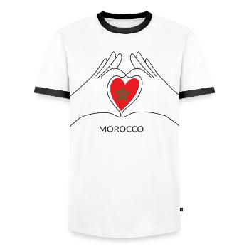 Cœur de supporter marocain avec drapeau marocain - T-shirt contrasté Homme - blanc/noir - Devant - AI Model Female 172 light (172cm) & AI Model Male 178 dark (178cm)