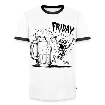 Graphique drôle de squelette « Enfin vendredi » avec une chope de bière - T-shirt contrasté Homme - blanc/noir - Devant - AI Model Female 172 light (172cm) & AI Model Male 178 dark (178cm)