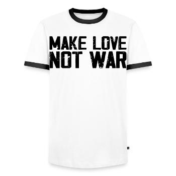 Make Love Not War | Grunge Vintage Peace Quote - Men's Ringer Shirt - white/black - Front - AI Model Female 172 light (172cm) & AI Model Male 178 dark (178cm)