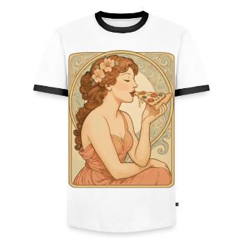 Art Nouveau Pizza Pin-Up - Vintage Kunst - Men's Ringer Shirt - white/black - Front - AI Model Female 172 light (172cm) & AI Model Male 178 dark (178cm)