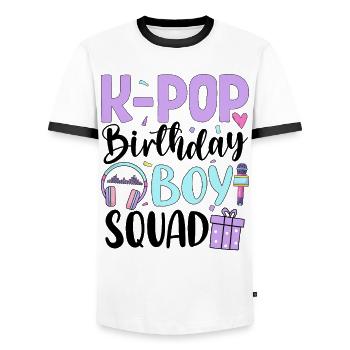 K Pop Birthday Boy Squad - Men's Ringer Shirt - white/black - Front - AI Model Female 172 light (172cm) & AI Model Male 178 dark (178cm)